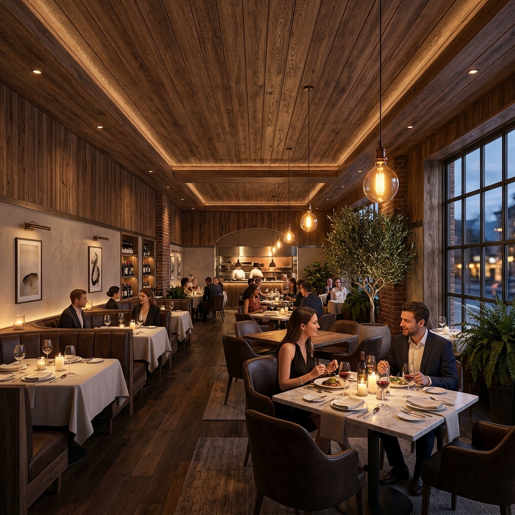 Restoran iç mekan ahşap görünümlü PVC lambiri