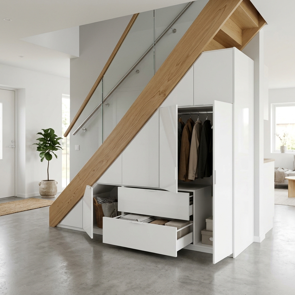 Merdiven altı depolama alanı beyaz PVC panel kaplama